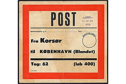 Dirigerings-seddel - formular N2016 (10-68) - til togvogn ved Tog 62 fra Korsør til København. Trodat stempel Korsør Postkontor 4220 d. 25.10.1972.