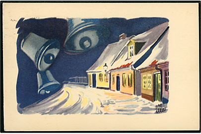 Illa Winkelhorn: Haderslev, Jomfrugang. Vintermotiv med juleklokker. Anvendt i Sorø. Stenders serie no. 872.