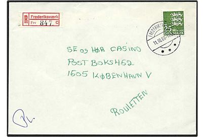 25 kr. grøn rigsvåben singelfrankatur på Rec. brev fra Frederiksværk d. 11.10.1986 til København.