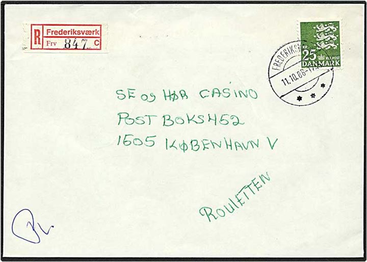 25 kr. grøn rigsvåben singelfrankatur på Rec. brev fra Frederiksværk d. 11.10.1986 til København.