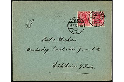 10 pfg. Germania i parstykke på brev fra firma C. G. Vogel i Pössneck d. 20.3.1920 til Mühlheim. Svagt 20 pfg. 6-kantet Kustos portokontrolstempel.