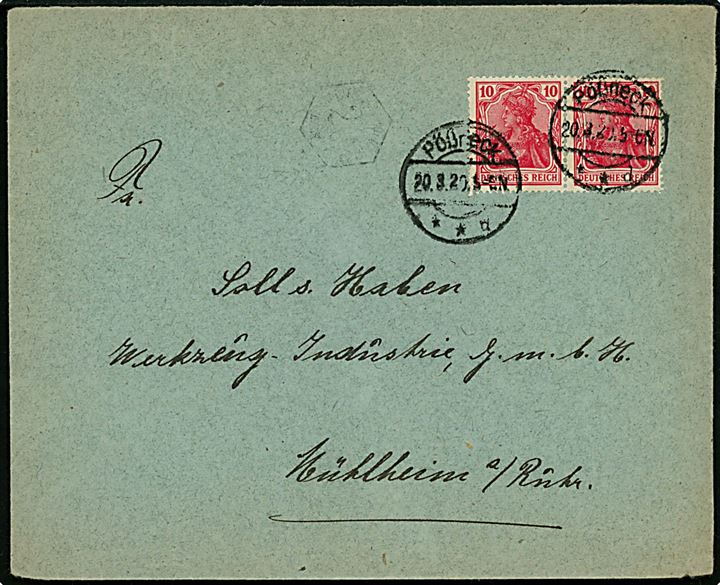 10 pfg. Germania i parstykke på brev fra firma C. G. Vogel i Pössneck d. 20.3.1920 til Mühlheim. Svagt 20 pfg. 6-kantet Kustos portokontrolstempel.
