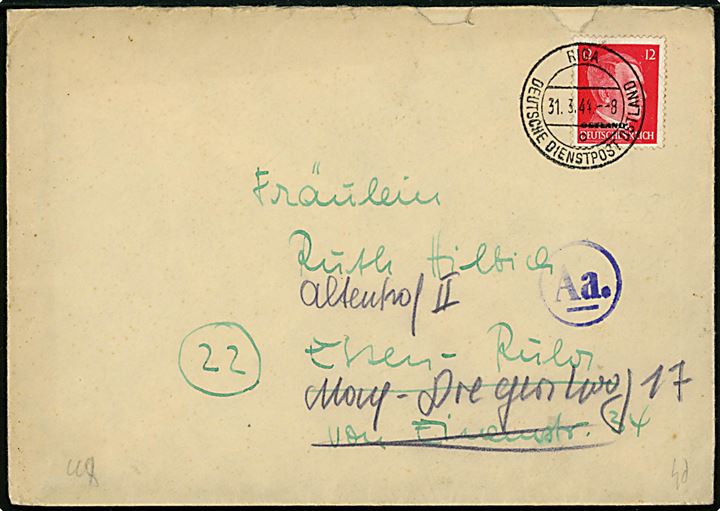12 pfg. Hitler Ostland Provisorium på brev stemplet Riga Deutsche Dienstpost Ostland d. 31.3.1944 til Essen, Tyskland - eftersendt til Altenhof. Passér stemplet Aa. ved den tyske censur i Königsberg.