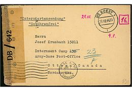 Ufrankeret interneringspost brev med postleitzahl stemepel (21) Soest 1 d. 29.10.1944 til tysker i canadisk interneringslejr no. 130 (= Seebe, Alberta) via Army Base Post Office i Ottawa, Canada. Eftersendt til Camp 23 i Monteith, Ontario. Dobbelt censureret med tysk censur fra Hamburg Zensurstelle f og canadisk censur DB/642. 