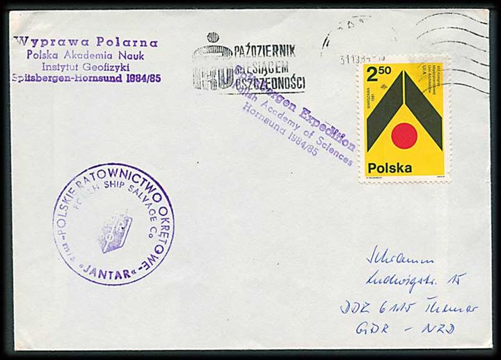 Svalbard. Polsk 2,50 zl. på brev annulleret med svagt polsk stempel d. 31.10.1984 til Themer, DDR. Fra den polske polarstation Hornsund på Spitsbergen. Flere ekspeditions- og skibsstempler.