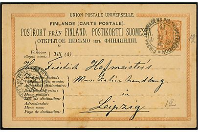 10 pen. helsagsbrevkort fra Helsingfors annulleret med bureaustempel Finska Jernvägens Postkupeexpedition 41 /No. 1 d. 21.3.1882 via St. Petersburg til Leipzig, Tyskland.