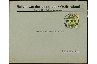 20 mia. mk. Infla udg. single på brev fra Leer (Ostfriesland) d. 17.11.1923 til Bremen.