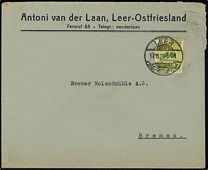 20 mia. mk. Infla udg. single på brev fra Leer (Ostfriesland) d. 17.11.1923 til Bremen.
