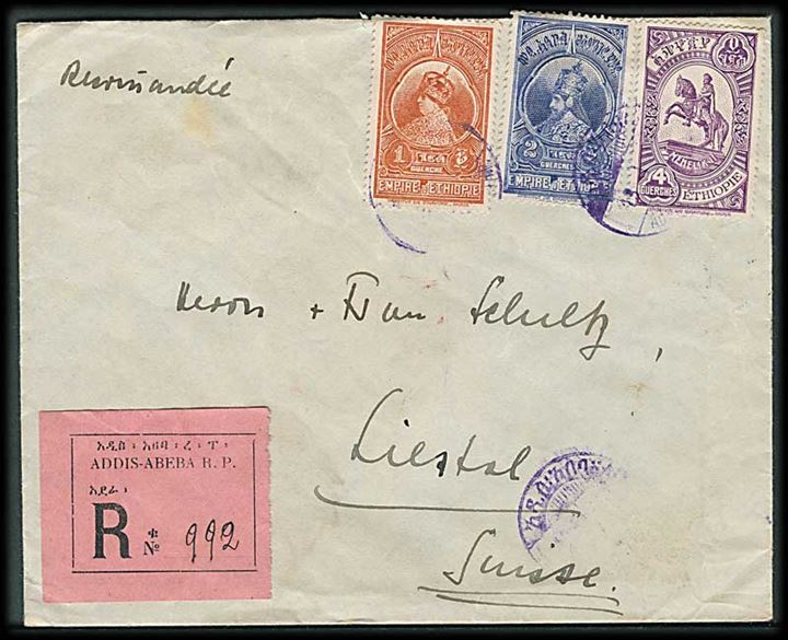 1 g., 2 g. og 4 g. på anbefalet brev fra Addis Abeba d. 15.1.1932 til Liestal, Schweiz.