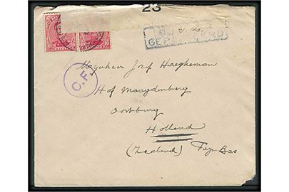 10 c. eksil udg. i parstykke på feltpostbrev annulleret med feltpoststempel 1916 til Holland. Åbnet af belgisk militærcensur.