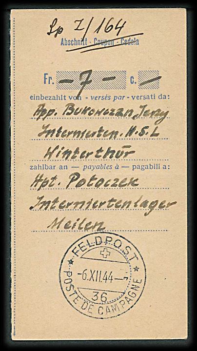 Kvittering for postanvisning fra polsk interneret i interneringslejr Meilen stemplet Feldpost 36 d. 6.12.1944 til Krakau, Generalgouvernement.