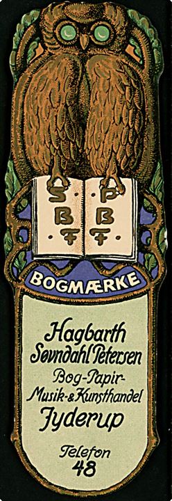 Jyderup. Bogmærke fra Hagbarth Søvndal Petersen's Bog-, Papir-, Musik- og Kunsthandel i Jyderup.