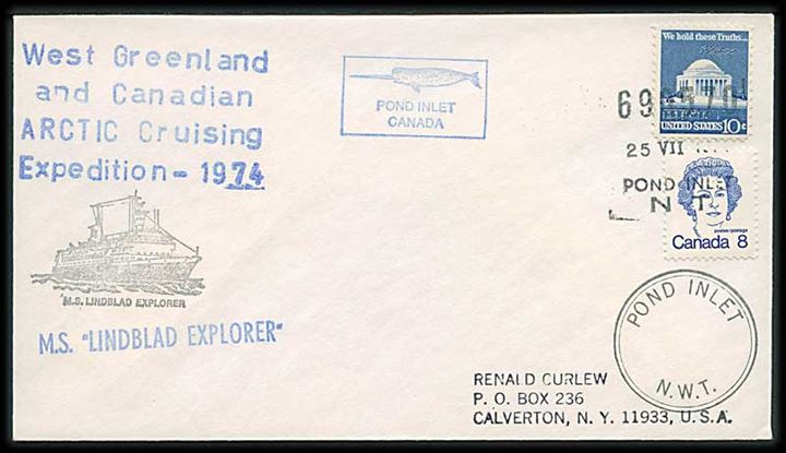 USA 10 c. og Canada 8 c. på polarbrev stemplet Pond Inlet N.T. d. 25.7.1974 til USA. Fra M/S Lindblad Explorer på West Greenland and Canadian Arctic Cruising Expedition 1974.