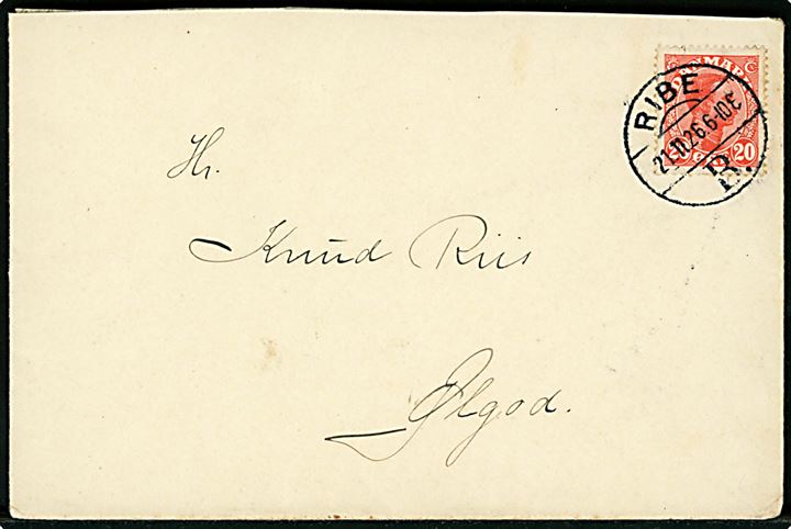 20 øre Chr. X på brev annulleret brotype Vb Ribe B. d. 21.11.1926 til Ølgod.