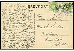 5 øre Chr. X 60 i parstykke (yderligt placeret) på brevkort (Dalmose, gadeparti) annulleret med brotype Ic Sorø JB.P.E. d. 18.8.1931 til Rønnebæk pr. Næstved.
