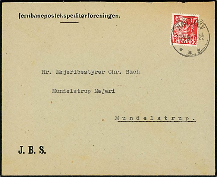 15 øre Karavel på fortrykt J.B.S. (Jernbanesag) kuvert fra Jernbanepostekspeditørforeningen annulleret med brotype IIIc Højslev d. 13.5.1940 til Mundelstrup.