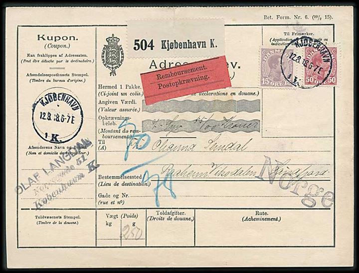 15 øre og 50 øre Chr. X på internationalt adressekort for pakke med opkrævning fra Kjøbenhavn d. 12.8.1918 til Viksdalen, Norge.