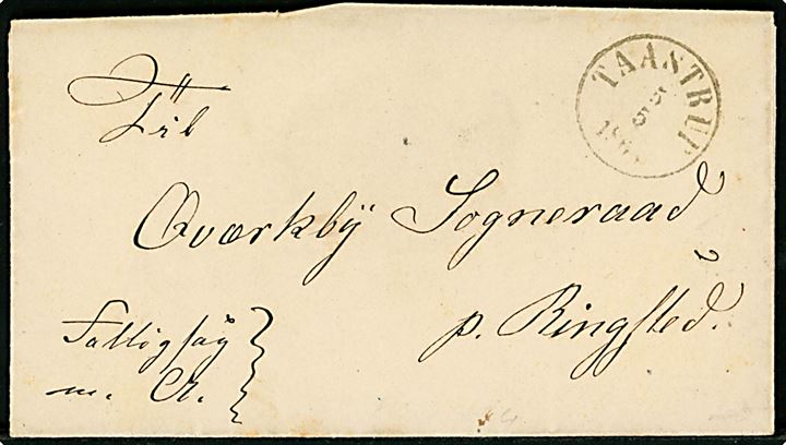 1868. Ufrankeret brev mærket Fattigsag m. A. fra Sengelöse Fattigvæsen med antiqua Taastrup d. 5.5.1868 via Ringsted JB.P. d. 5.5.1868 til Qværkebÿ Sogneraad pr. Ringsted.