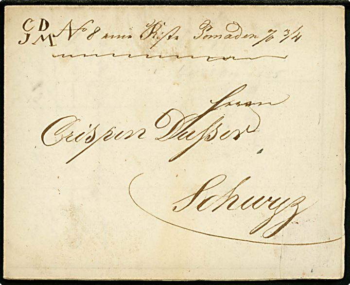 1825. Pakkefølgebrev med faktura fra firma Falcini Jünger & Comp. i Luzern d. 8.2.1825 til Schwyz.
