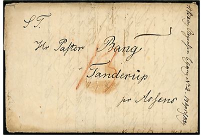 1829. Portobrev med langt indhold fra studen Bang på Regensen i København d. 14.4.1829 til Pastor Bang i Tanderup pr. Assens. Påskrevet 13 skilling porto.