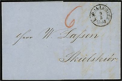 1855. Portobrev med indhold stemplet antiqua K.D.O.P.A. Lübeck d. 9.5.1855 til Skælskør. Påskrevet 6 sk. porto.