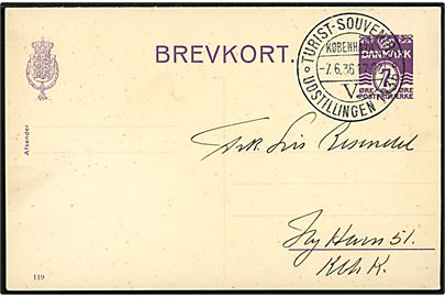 7 øre helsagsbrevkort (fabr. 119) sendt lokalt med særstempel Turist-Souvenirs Udstilling 1936 København V. d. 7.6.1936.
