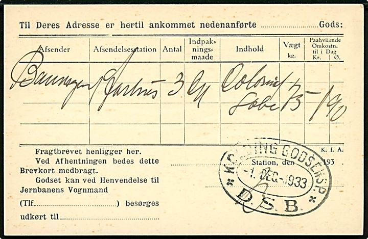 7 øre helsagsbrevkort (fabr.) med tiltryk fra De danske Statsbaner sendt som lokalt adviskort fra Kolding d. 1.12.1933. På bagsiden ovalt jernbanestempel Kolding Godseksp. * D.S.B. * d. 1.12.1933.