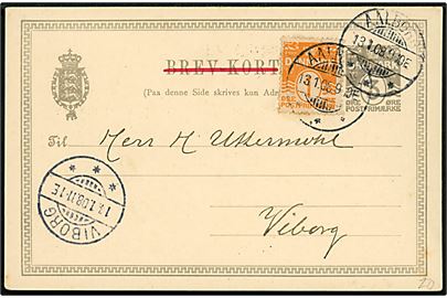 3 øre helsagsbrevkort opfrankeret med 1 øre Bølgelinie sendt som tryksag fra Aalborg d. 13.1.1908 til Viborg.