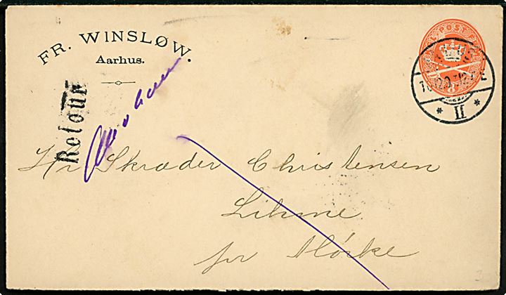8 øre helsagskuvert med tiltryk fra firma Fr. Winslow Aarhus annulleret brotype Ia Aarhus *II* d. 10.12.1897 til Lihme pr. Mørke. Retur med liniestempel Retour og påskrevt om at adressaten er ubekendt i Mørke.