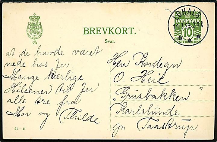 10 øre svardel af dobbelt helsagsbrevkort (fabr. 91-H) annulleret med brotype IIIb Lohals d. 11.7.1929 til Karlslunde pr. Taastrup.