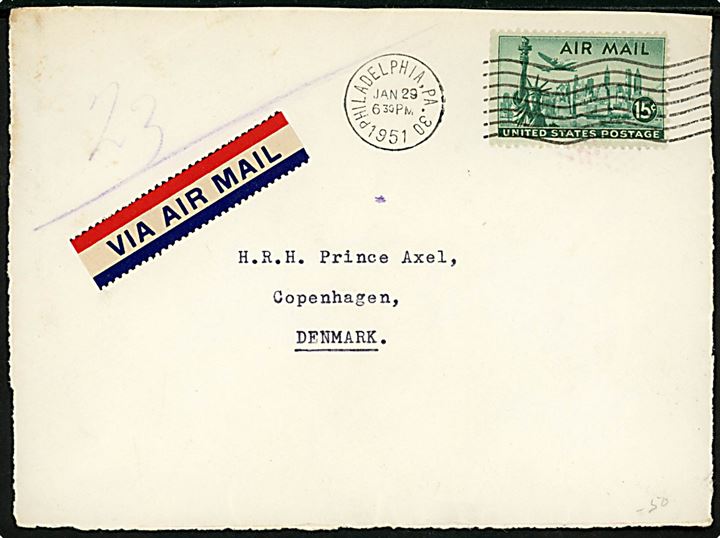 15 cents Luftpost på BREVFORSIDE af luftpostbrev fra Philadelphia d. 29.1.1951 til Hans Kongelige Højhed Prins Axel, København, Danmark.
