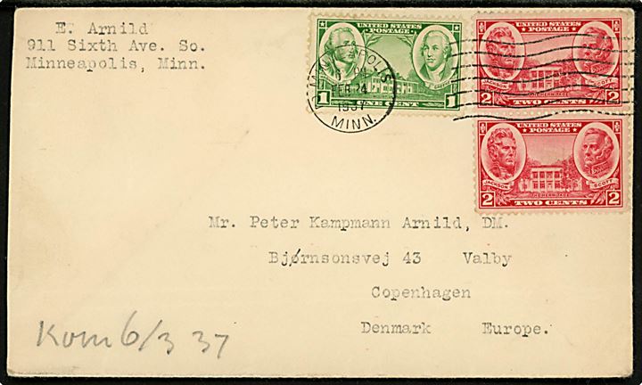 1 cent og 2 cents (par) på brev fra Minneapolis s. 24.2.1937 til Peter Kampmann Arnild, Dannebrogsmand, i Valby, Køenhavn, Danmark.