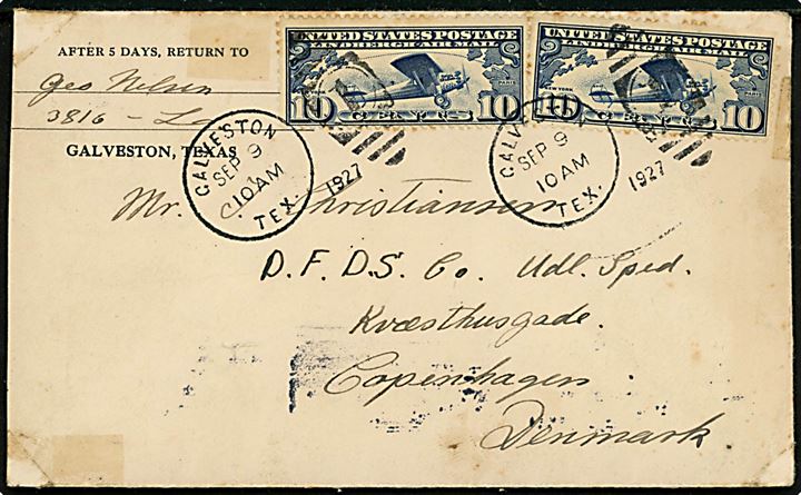 10 cents Lindbergh Luftpost udg. (2) på brev fra Galveston d. 9.9.1927 via New York til København, Danmark. 