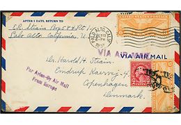 2 cents Washington og 6 cents Winged Globe (2) på luftpostbrev fra Palo Alto, Calif. d. 13.10.1937 til København, Danmark. Stemplet Par Avion - By Air Mail From Europe. Et mærke ombøjet.