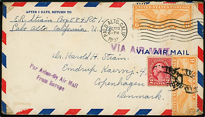 2 cents Washington og 6 cents Winged Globe (2) på luftpostbrev fra Palo Alto, Calif. d. 13.10.1937 til København, Danmark. Stemplet Par Avion - By Air Mail From Europe. Et mærke ombøjet.