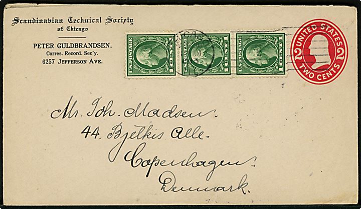 2 cents helsagskuvert påtrykt Scandinavian Technical Society of Chicago opfrankeret med 1 cent Washington (3) fra Chicago d. 20.8.1913 til København, Danmark.