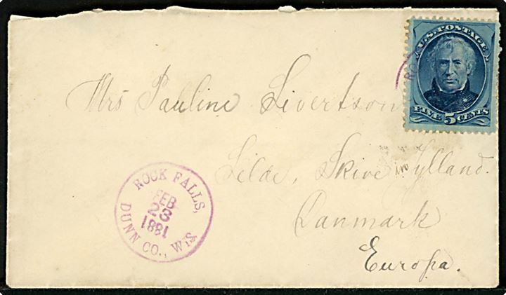5 cents Taylor single på brev annulleret Rock Falls, Dunn Co., Wis. d. 23.2.1881 til Selde pr. Skive, Danmark. Selde havde fra 1880-1887 brevsamlingssted underlagt Skive - hvorefter det blev underlagt Roslev.