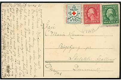 1 cent, 2 cents Washington og American Red Cross Julemærke 1917 på julekort fra Ferron Utah 1917 til Bøgebjerg pr. Skælskør, Danmark.