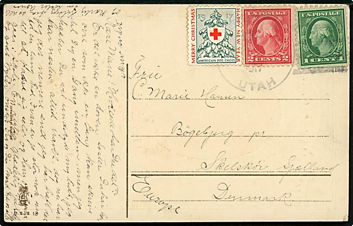 1 cent, 2 cents Washington og American Red Cross Julemærke 1917 på julekort fra Ferron Utah 1917 til Bøgebjerg pr. Skælskør, Danmark.