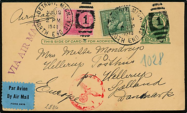 1 cent helsagsbrevkort opfrankeret med 9 cents og 20 cents sendt som luftpost fra Detroit d. 19.8.1940 til Hellerup, Danmark. Tysk censur fra Berlin.