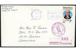 Amerikansk 40 c. Mazzei på brev fra Harrisburg d. 7.1.1982 til Dundas, Grønland - fejlsendt til Warszawa, Polen med transit stempel d. 23.2.1982 og amerikansk stempel New York Morgan Annex d. 29.4.1982. 