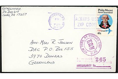 Amerikansk 40 c. Mazzei på brev fra Harrisburg d. 7.1.1982 til Dundas, Grønland - fejlsendt til Warszawa, Polen med transit stempel d. 23.2.1982 og amerikansk stempel New York Morgan Annex d. 29.4.1982. 