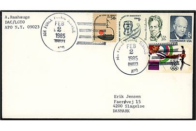 Amerikansk 90 cents blandingsfrankeret brev stemplet Air Force Postal Service APO 09023 (= Thule Air Base, Grønland) d. 2.2.1985 til Slagelse, Danmark.