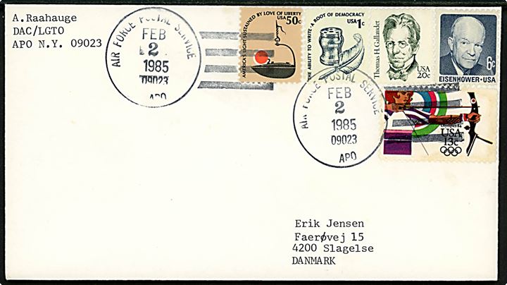 Amerikansk 90 cents blandingsfrankeret brev stemplet Air Force Postal Service APO 09023 (= Thule Air Base, Grønland) d. 2.2.1985 til Slagelse, Danmark.