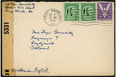 5 cents blandingsfrankeret brev fra militær forlægning Camp Wheeler d. 6.7.1943 til Reykjavik, USA. Sendt fra islandsk soldat i amerikansk tjeneste. Påskrevet Written in English og åbnet af amerikansk censur no. 5331.
