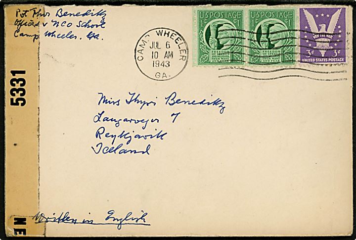 5 cents blandingsfrankeret brev fra militær forlægning Camp Wheeler d. 6.7.1943 til Reykjavik, USA. Sendt fra islandsk soldat i amerikansk tjeneste. Påskrevet Written in English og åbnet af amerikansk censur no. 5331.