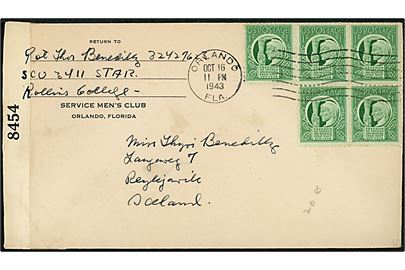 1 cent (5) på brev fra islandsk soldat ved SCU 3411 Star, Rollins College, Orlando d. 16.10.1943 til Reykjavik, Island. Åbnet af amerikansk censur no. 8454.