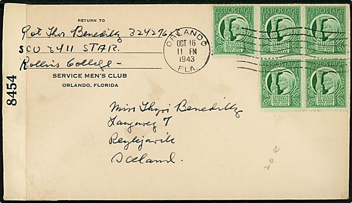 1 cent (5) på brev fra islandsk soldat ved SCU 3411 Star, Rollins College, Orlando d. 16.10.1943 til Reykjavik, Island. Åbnet af amerikansk censur no. 8454.