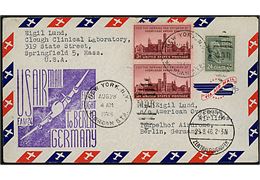 30 cents frankeret 1.-flyvnings luftpostbrev fra New York d. 28.8.1946 til Berlin, Tyskland. Violet flyvningsstempel og ank.stemplet Berlin Zentralflughafen d. 29.8.1946.