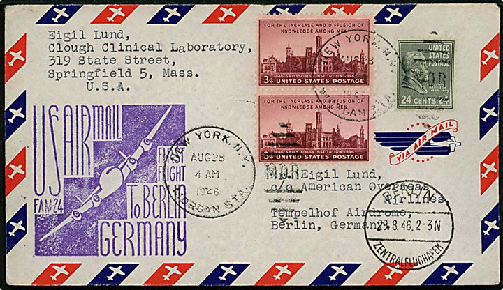 30 cents frankeret 1.-flyvnings luftpostbrev fra New York d. 28.8.1946 til Berlin, Tyskland. Violet flyvningsstempel og ank.stemplet Berlin Zentralflughafen d. 29.8.1946.